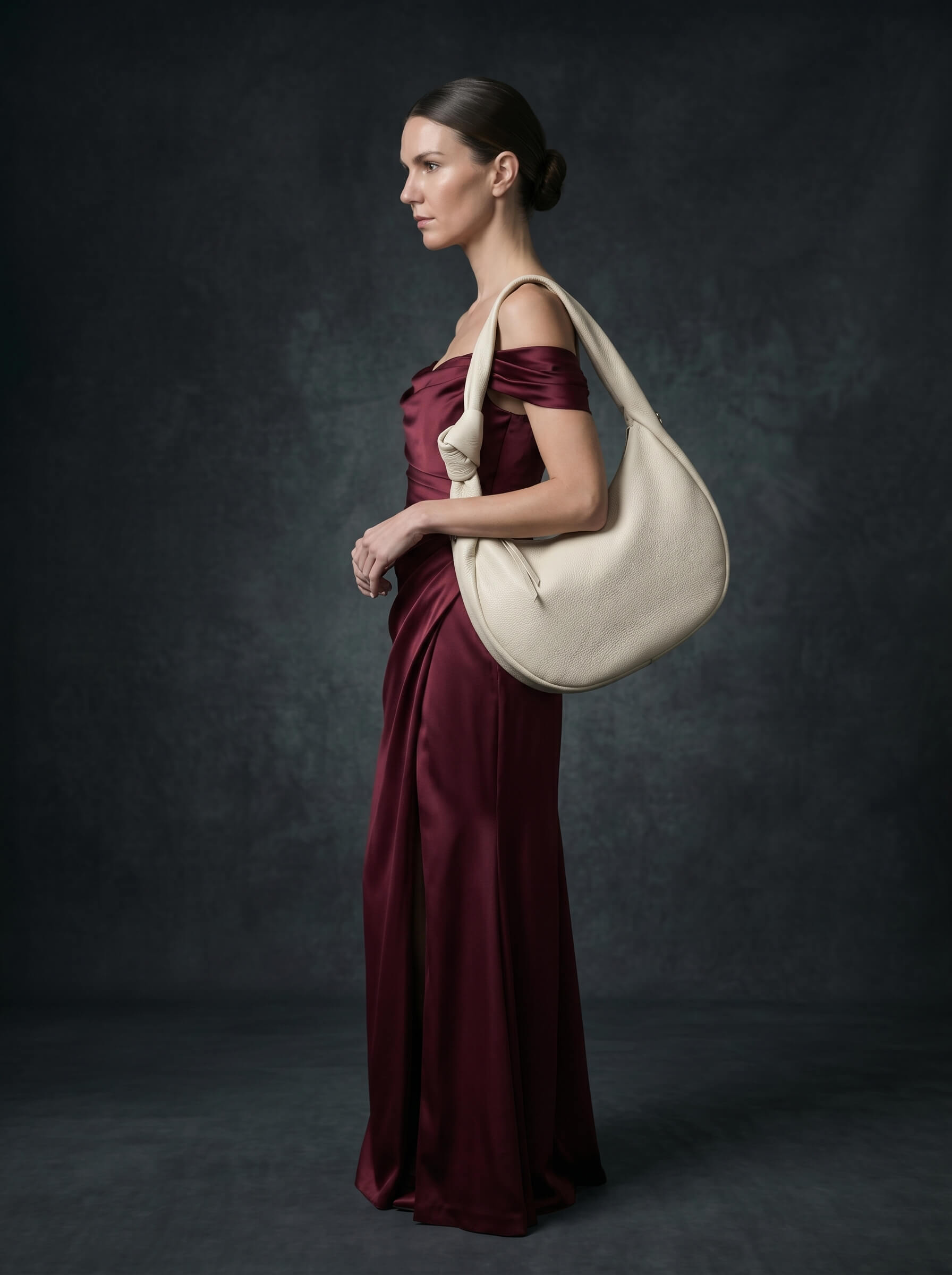 Cream Leather Knotted Hobo Bag Back